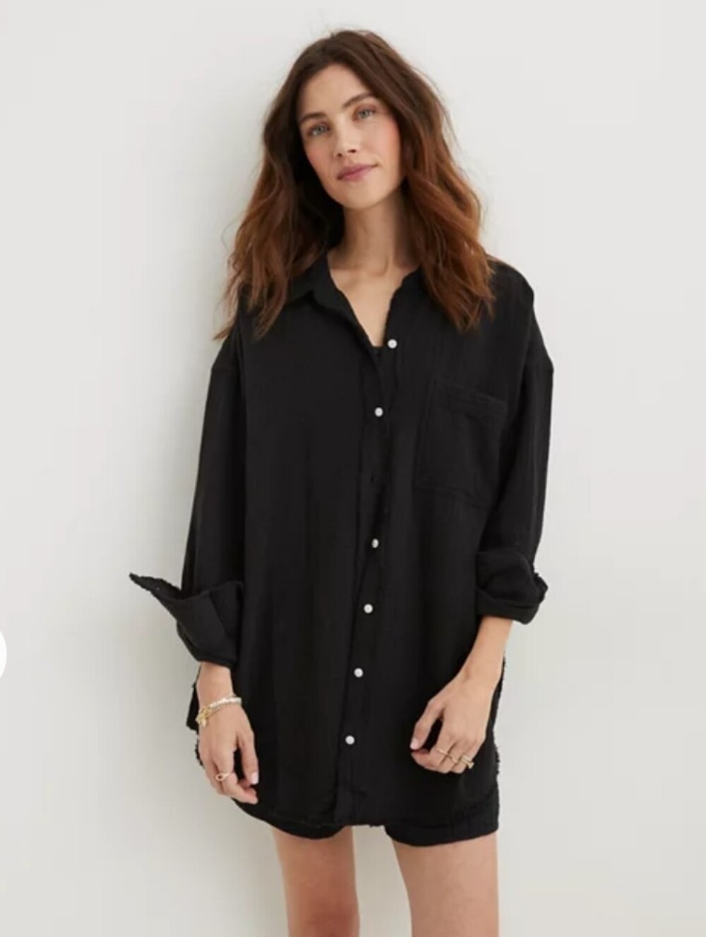 Aerie Raw Edge Gauze Black Button Lightweight Top Swim Cover Up Oversized Med